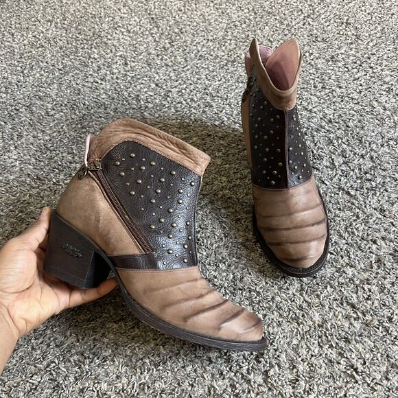 MISS MACIE Studs Ankle Boot 9 M Piper Ribbed Zipper Brown Patchwork Leather New - Picture 9 of 9